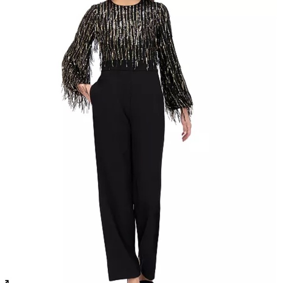 Eliza J Black Sequin Fringe Top Long Sleeve Embellished Formal Jumpsuit Size 10 - Picture 1 of 14
